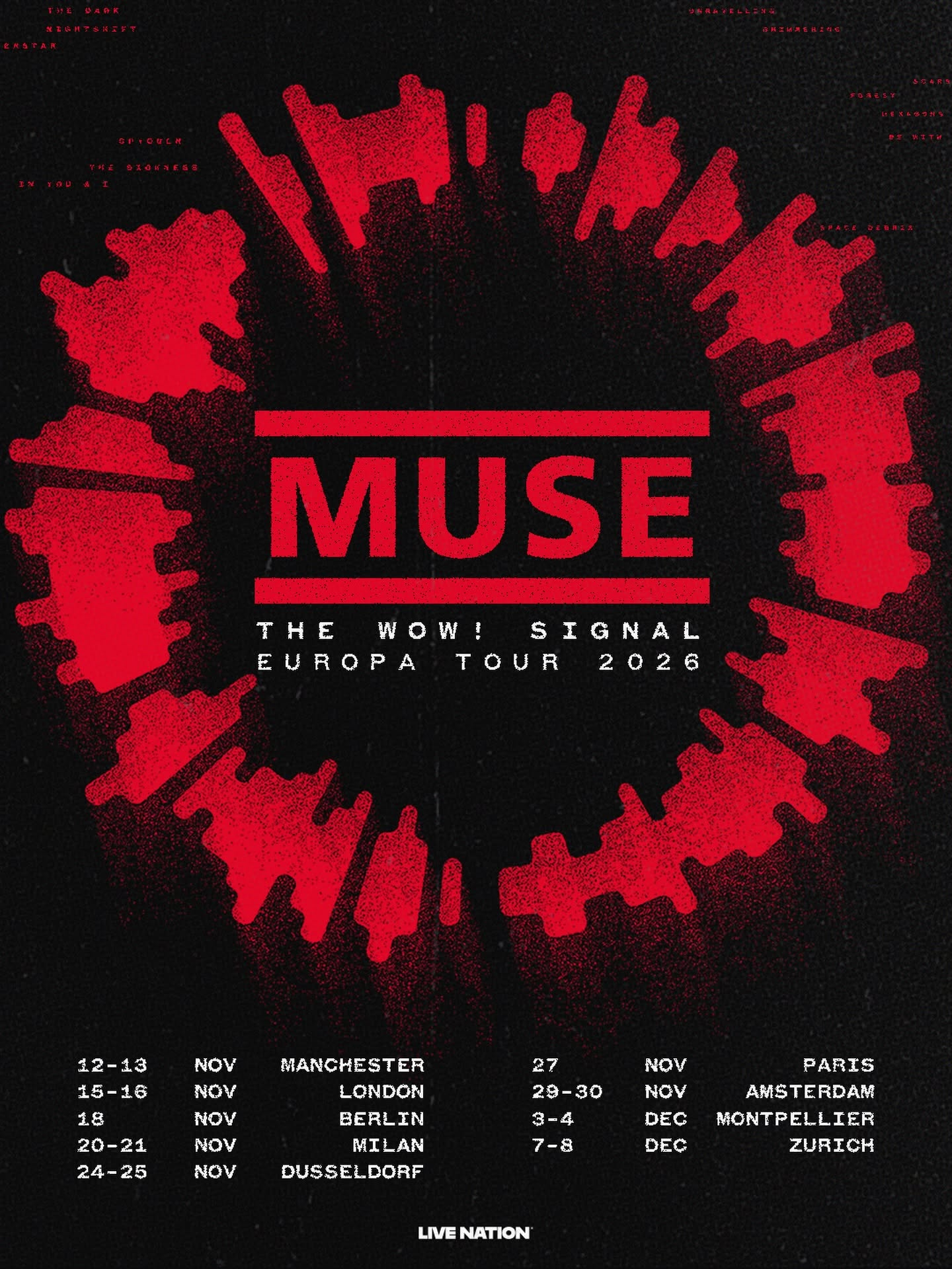 image - Strife Mag Muse concert poster for 'The Wow! Signal' Europe Tour 2026 in red on black with tour dates and cities listed below the band name MUSE
