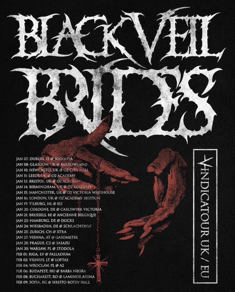 image - Strife Mag Concert tour poster with a jagged white band logo, red clawed hands, and UK/EU dates listed against a dark background.