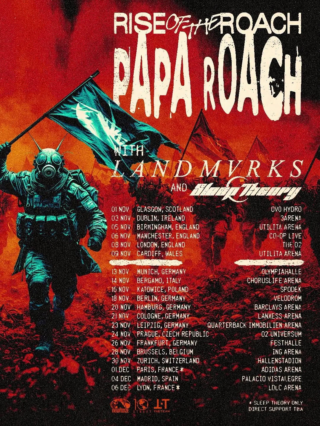 Concert poster for Papa Roach with Landmvrks shows a figure in a gas mask carrying a flag against a red-orange background; tour dates listed on the right.