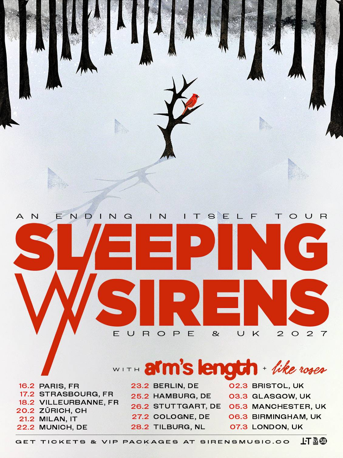 image - Strife Mag Tour poster for Sleeping With Sirens, featuring a red bird on a bare branch in a wintry forest with bold red typography.