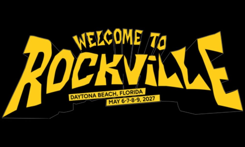Logo for Welcome to Rockville festival in bold yellow letters on black, showing Daytona Beach, Florida and May 6–9, 2027