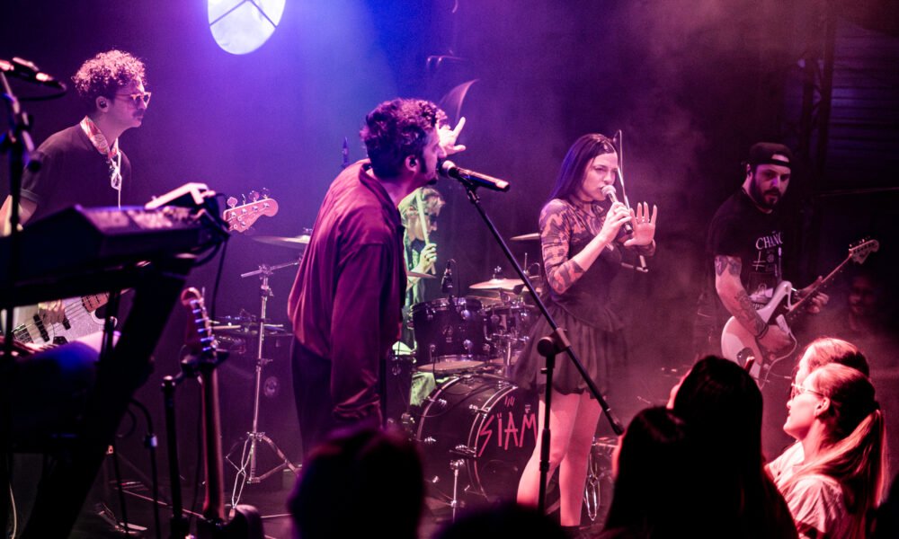 Live concert scene with a male vocalist center stage, a female singer with a microphone at right, guitarist on left, purple stage lighting and visible audience in foreground.
