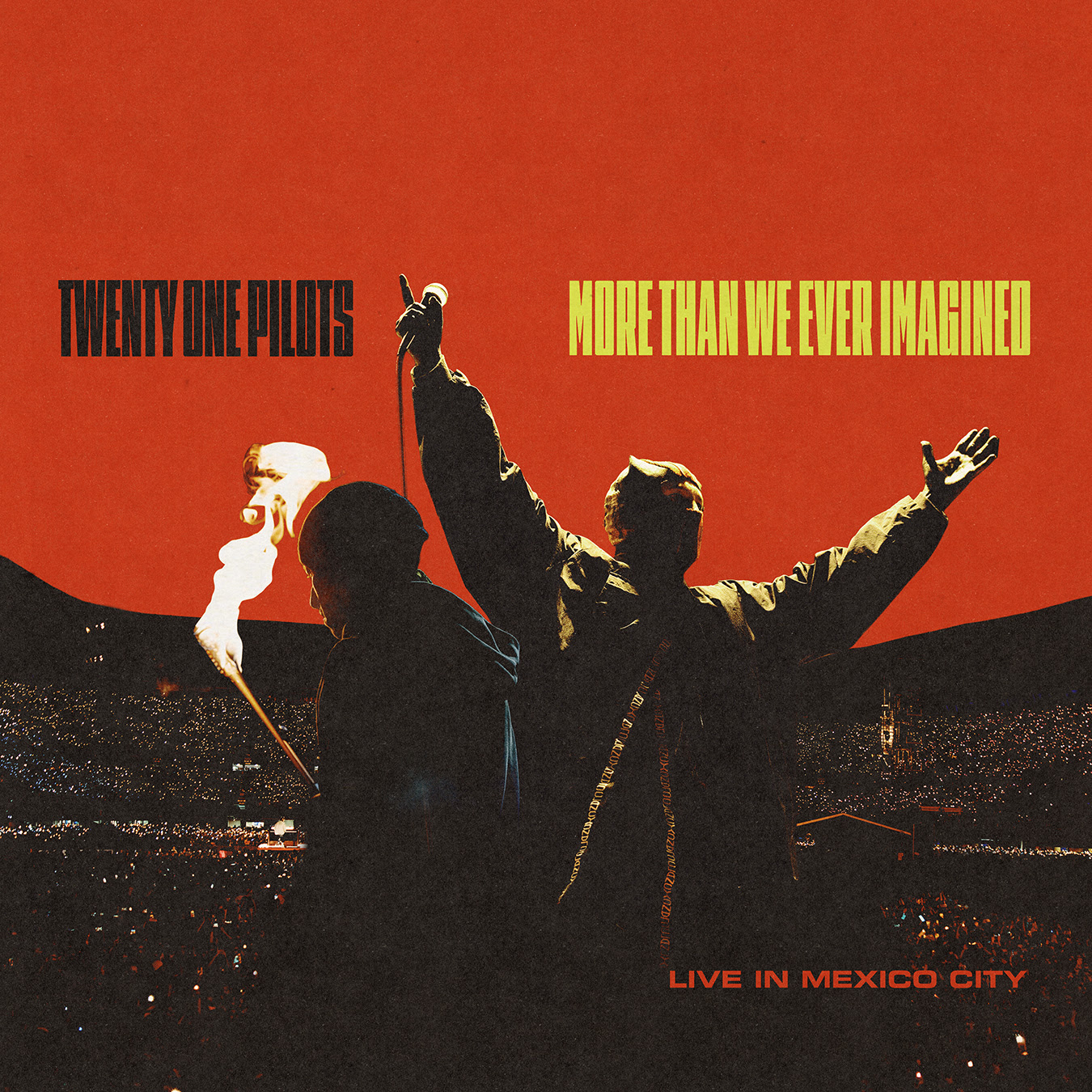Twenty One Pilots concert poster with two performers on a stage, a red backdrop, and a packed crowd below—text reads 'LIVE IN MEXICO CITY' and 'MORE THAN WE EVER IMAGINED'.