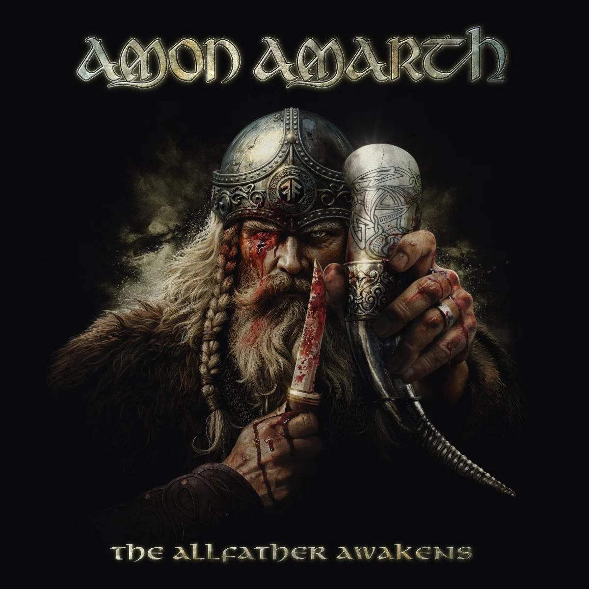 Viking warrior with braided beard, bloodstained knife, and ornate helm holding a decorated drinking horn; Amon Amarth logo above and 'The Allfather Awakens' at bottom.