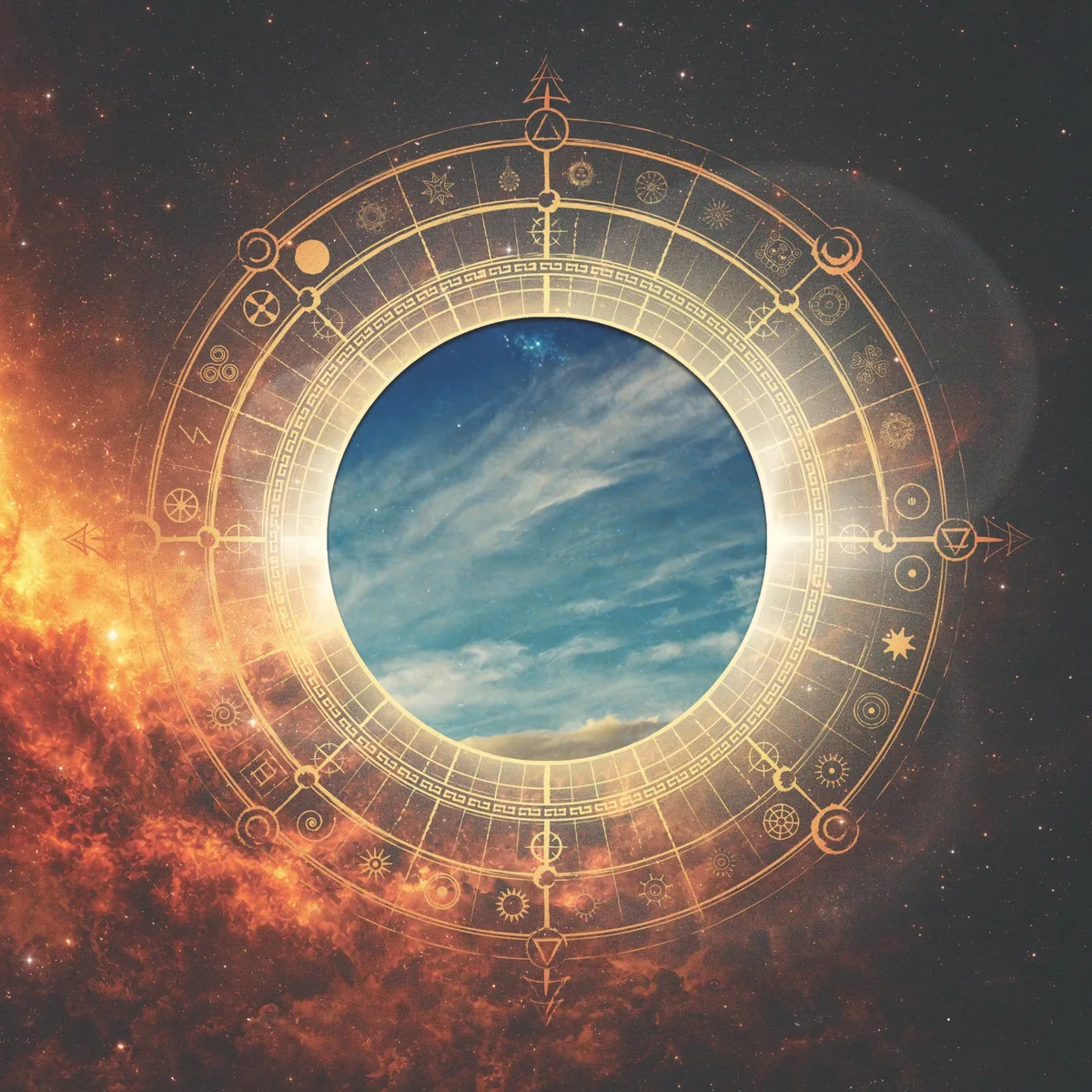 Ornate gold circular diagram surrounding a blue sky portal, set in a space background, suggesting cosmic exploration.